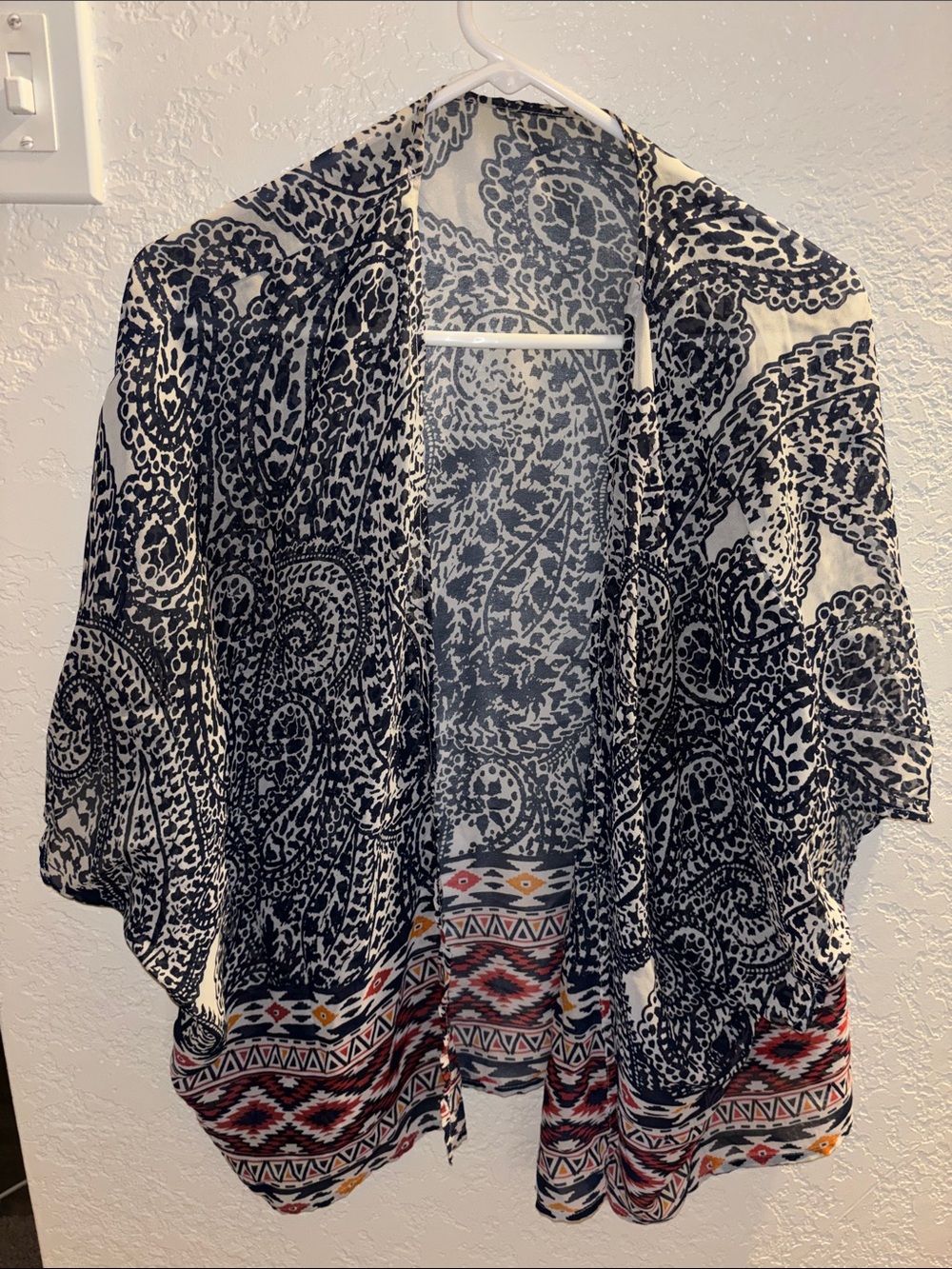 Navy & Cream Paisley Open-Front Kimono with Multicolor Hem